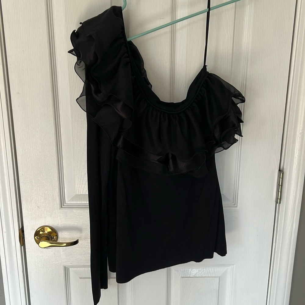 Boston Proper Black Ruffled One-Shoulder Top